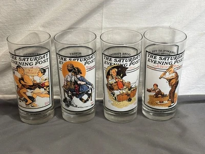 Set 4 1987 ARBYS Saturday Evening Post ROCKWELL tumbler glasses FISHING SUNSET - Image 1 of 4