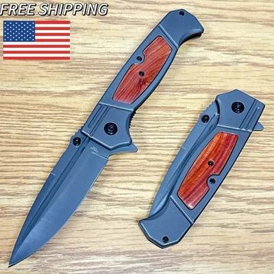 Cuchillo plegable táctico EDC cuchillo de bolsillo incrustación de madera mango de metal aleta gris EE. UU. Foto 1 de 4