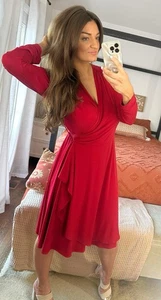Vicky Tiel Größe L Rot Wickelkleid Langarm Midi Knielang  - Bild 1 von 7