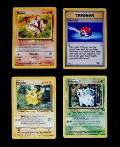 Vintage Pokémon Karten Lot: 4x Jungle Commons - Pikachu Mankey Nidoran Pokeball MP - Bild 1 von 2