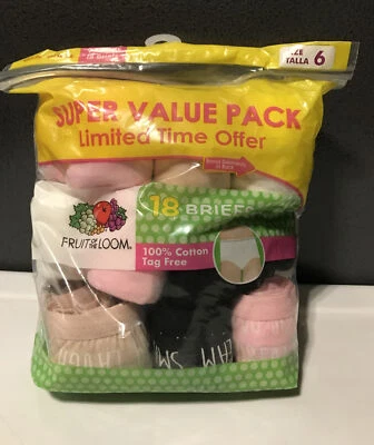 Fruit Of The Loom Girls Briefs Size 6 Pink White Tan Black 18 Pack Underwear - Image 1 of 4