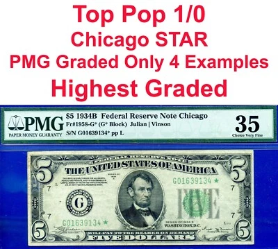 1934B $5 Federal Reserve Note PMG 35 top pop 1/0 finest Chicago star Fr 1958-G* - Image 1 of 4