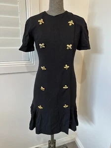 Vintage Ronnie Heller Black Linen Blend Double Breast Dress Gold Cross Buttons 4 - Picture 1 of 16