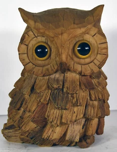 5" Retro handgeschnitzte flauschige Holz-Eule gelbe Augen Vintage Wohndeko Kunst Statue - Bild 1 von 7