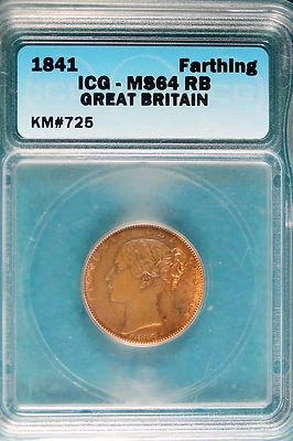 1841 ICG MS64 RED BROWN GREAT BRITAIN FARTHING KM#725!! #B6770 - Image 1 of 2