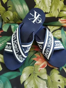 Calvin Klein Jean Sandals 9.5 Resort Beach Wedge Platform SlipOn Blue Logo Mania - Picture 1 of 5