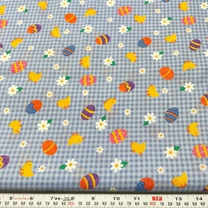 Vintage Cranston Easter Eggs Chicks Blue Gingham Cotton Fabric by the Half Yard - Picture 1 of 2