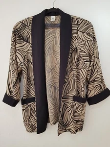 Ladies Smart Workwear Long Open Front Jacket Size 20 Brown Tropical Leaf Pockets - Picture 1 of 10