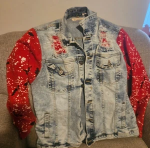 Evolution In Design Mens XL Distressed Stretch Jean Jacket Red Sweatshirt Splat - Picture 1 of 7