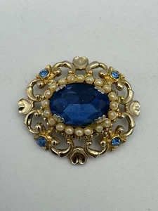 Vtg Coro Signed Blue Stone Rhinestone Faux Seed Pearl Brooch Pin - Picture 1 of 3