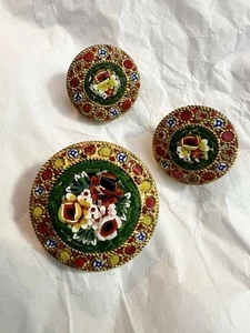 Antique Grand Tour Micro Mosaic Millefiori Brooch Pin & Clip Earrings - Picture 1 of 12