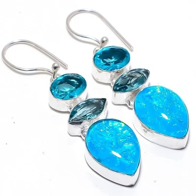 Triplet Fire Opal, Blue Topaz Gemstone 925 Sterling Silver Jewelry Earring 2.3" - Image 1 of 4