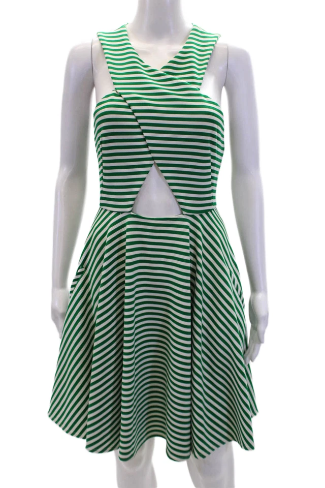 Vestido Rasgado por Ronny Kobo Feminino Listrado Corte Uma Linha Verde Branco Tamanho Médio - Imagem 1 de 4