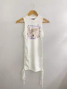 Ashley Williams Sleeveless Graphic Ruched Dress Puppy & Kitten White Cotton S - Picture 1 of 4