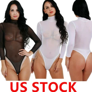 Women Mesh See Through Bodysuit Long Sleeve Turtle Neck Bodystocking Leotard Top - Picture 1 of 18