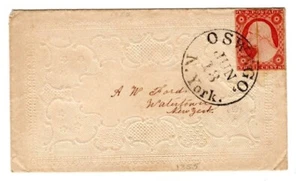 SCOTT #11 3 CENT IMPERFORATE STAMP ON COVER OSWEGO NY CANCEL 1851-1857 - Picture 1 of 2