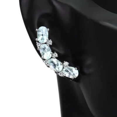 925 Sterling Silber Ohrringe Oval Aquamarin 6x4mm Natürlicher Edelstein Juwellen - Bild 1 von 4