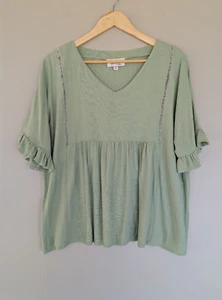 FEATHER & NOISE Womens Top Sz 12 Green Linen Blend Short Ruffle Sleeve Blouse - Picture 1 of 6