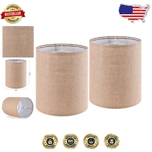 Set of 2 Elegant Tall Brown Burlap Drum Lamp Shades for Immediate Room Update - Picture 1 of 11