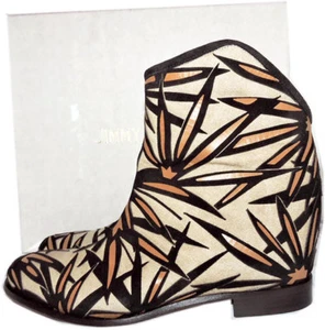 Jimmy Choo Booties Black Mina Palm Canvas Boots Linen Leather Ankle Pumps 38 - Picture 1 of 10