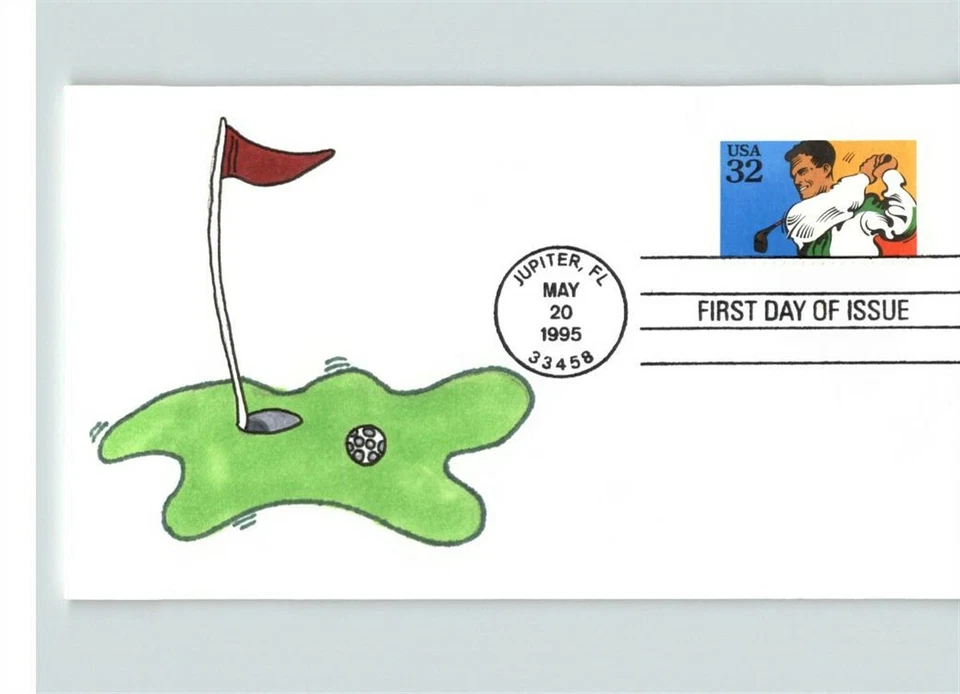 Hand Painted GOLF, 1995 Recreational Sports First Day of Issue, pic "the Green & - Image 1 of 1