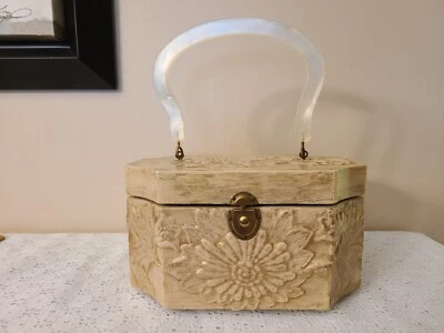 Vintage Cream and Gold Oval Box Purse Handbag Floral  1950's - Image 1 of 4