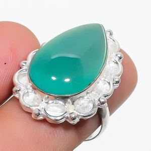 Green Onyx Pear Shape Gemstone Handmade Engagement Gift Jewelry Ring 8.5" PG 881 - Picture 1 of 5