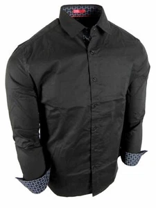 Mens Casual Dress Shirt Black Stretch Designer Pattern Trim Slim Fit Solid Color - Picture 1 of 6