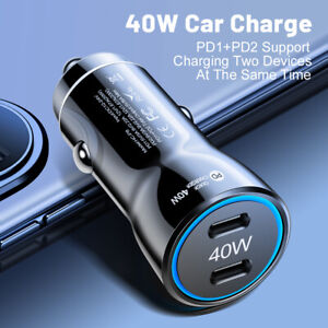 40W 2-Port USB C Car Charger Type C Fast Charger Power Delivery For iPhone