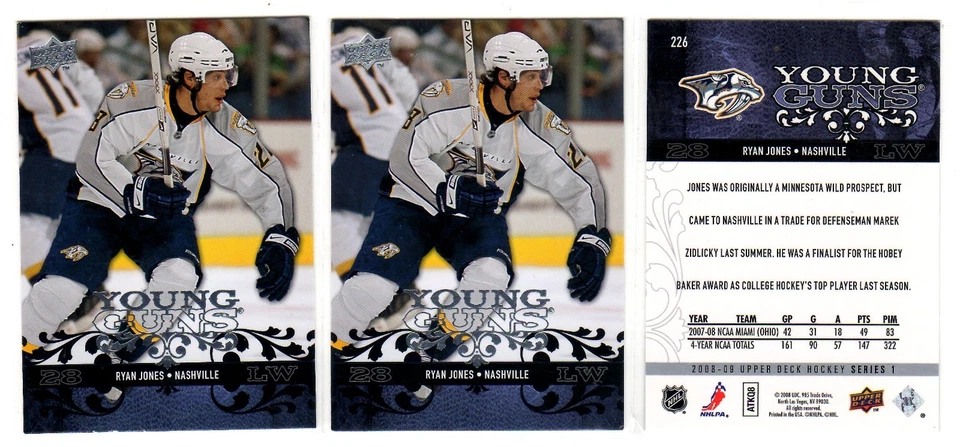 1X RYAN JONES 2008-09 Upper Deck #226 RC Rookie YOUNG GUNS Nashville Predators - Image 1 of 1