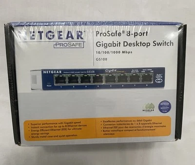 Netgear Prosafe 8 Port Gigabit Switch GS108 10/100/1000 Mbps New in Box - Image 1 of 4