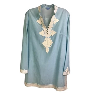 Top túnica J.McLaughlin para mujer talla 6 azul cuello en V bordado playa costera - Imagen 1 de 10
