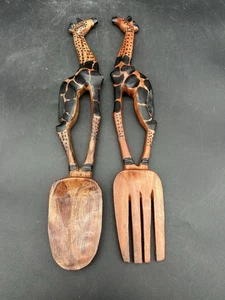 "Juego de cuchara y tenedor para ensalada de jirafa de madera utensilios para servir tallados a mano pintados 12,5""" - Imagen 1 de 5