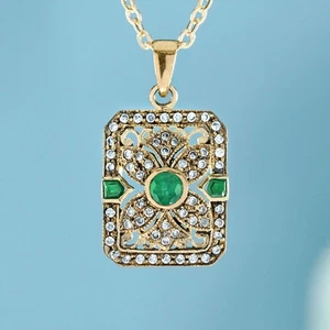 Ciondolo filigrana in oro giallo 14 kt con smeraldo e diamanti stile vintage - Foto 1 di 7