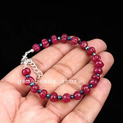 Bracciale sfaccettato argento sterling 925 zucca giada rosa + spinello... - Immagine 1 di 4