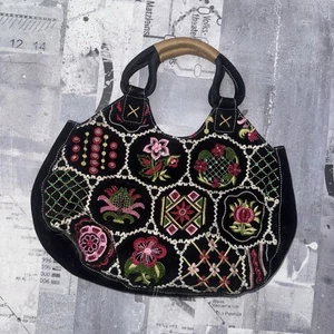 Y2k ISABELLA FIORE SCHWEDISCH schwarz Wildleder Blumen bestickt Boho Handtasche - Bild 1 von 5