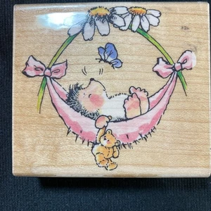 Hedgehog Baby in Daisy Hammock w/Teddy Bear Rubber Stamp by Penny Black - Picture 1 of 4