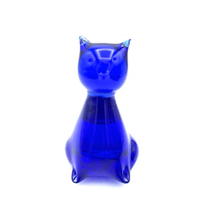 VTG Glass Cat Figurine Cobalt Blue Hand Blown Art Paperweight 4” Murano Style - Picture 1 of 8