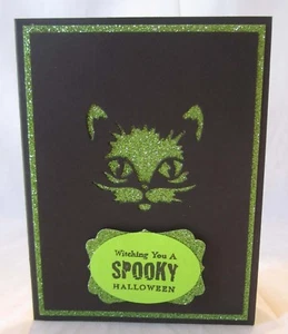 Handgefertigte HALLOWEEN KARTE Ausschnitt Katze Gesicht grün leer innen Sie wählen wie viele - Bild 1 von 12
