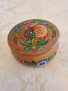 Vintage hand painted Folk Art Round wooden covered Trinket dish bowl jewelry - Picture 1 of 6