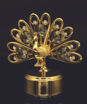 CRYSTAL TEMPTATION SWAROVSKI CRYSTAL STUDDED ROTATING PEACOCK SPINNING MUSIC BOX 24K GOLD PLATED
