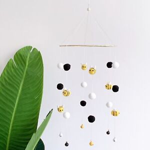 Handmade Mobile Hangings Bee Pom Pom Balls Bell Baby Room Nursery Decor