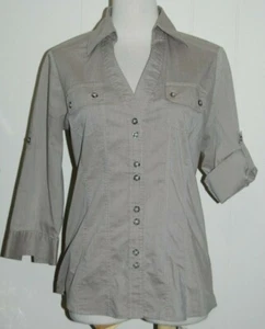 New York & Company Cotton Str Gray Collared V Neck Roll Tab Sleeves Shirt Small - Picture 1 of 3