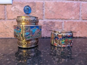 Vtg Chinese Brass & Enamel Flip-Top Ashtray & Tobacco Or Inscents Jar - Picture 1 of 15