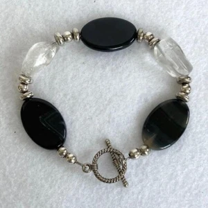 Natural Stone Black Banded Agate Beaded Bracelet 9.5" Toggle clasp Silver tone - Picture 1 of 7