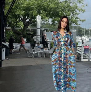 Cotton Long Shirt Dress & Short Sleeves in Blue S/M ~ Antica Sartoria - Picture 1 of 2