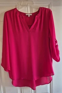 Blusa CHAUS - L - Cuello en V dividido con bandas, 3/4 lengüeta enrollable Slvs, dobladillo alto/bajo - Imagen 1 de 7