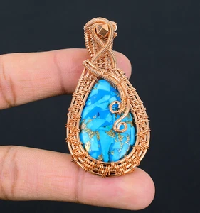 Blue Copper Turquoise Handmade Gemstones Cropper Wire Wrapped Pendant Jewelry - Picture 1 of 6