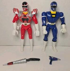 Bandai Power Rangers 1997–1998 Red & Blue Rangers w/ 2 Weapons 8” Figure Lot - Picture 1 of 10