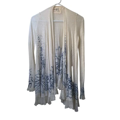 Cárdigan Angel of the North XS Abierto Lino Azul Crema Floral Volantes Ligero Foto 1 de 4